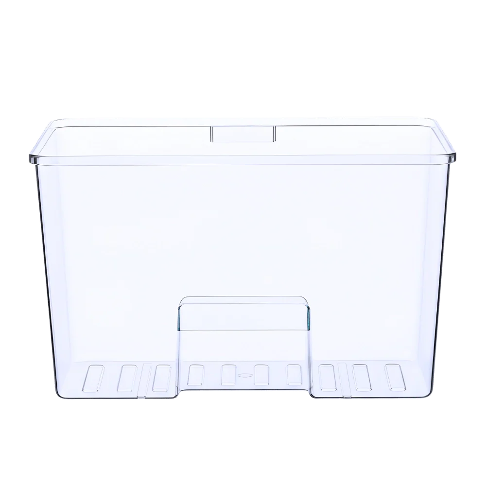 Clear plastic van storage bin with ridged base, ideal for van parts organization