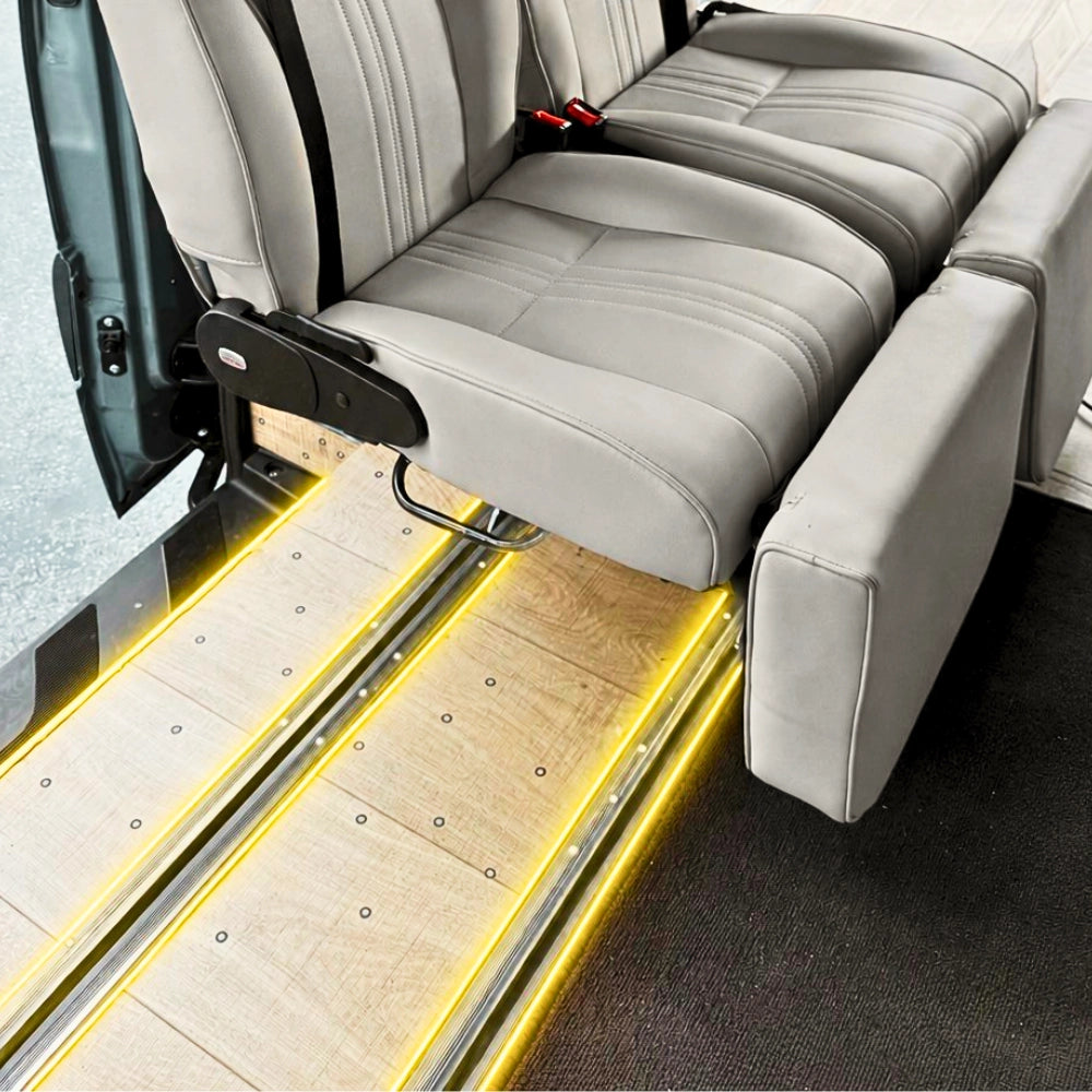 NovaLux floor track mounting hardware for tool-free seat reconfiguration