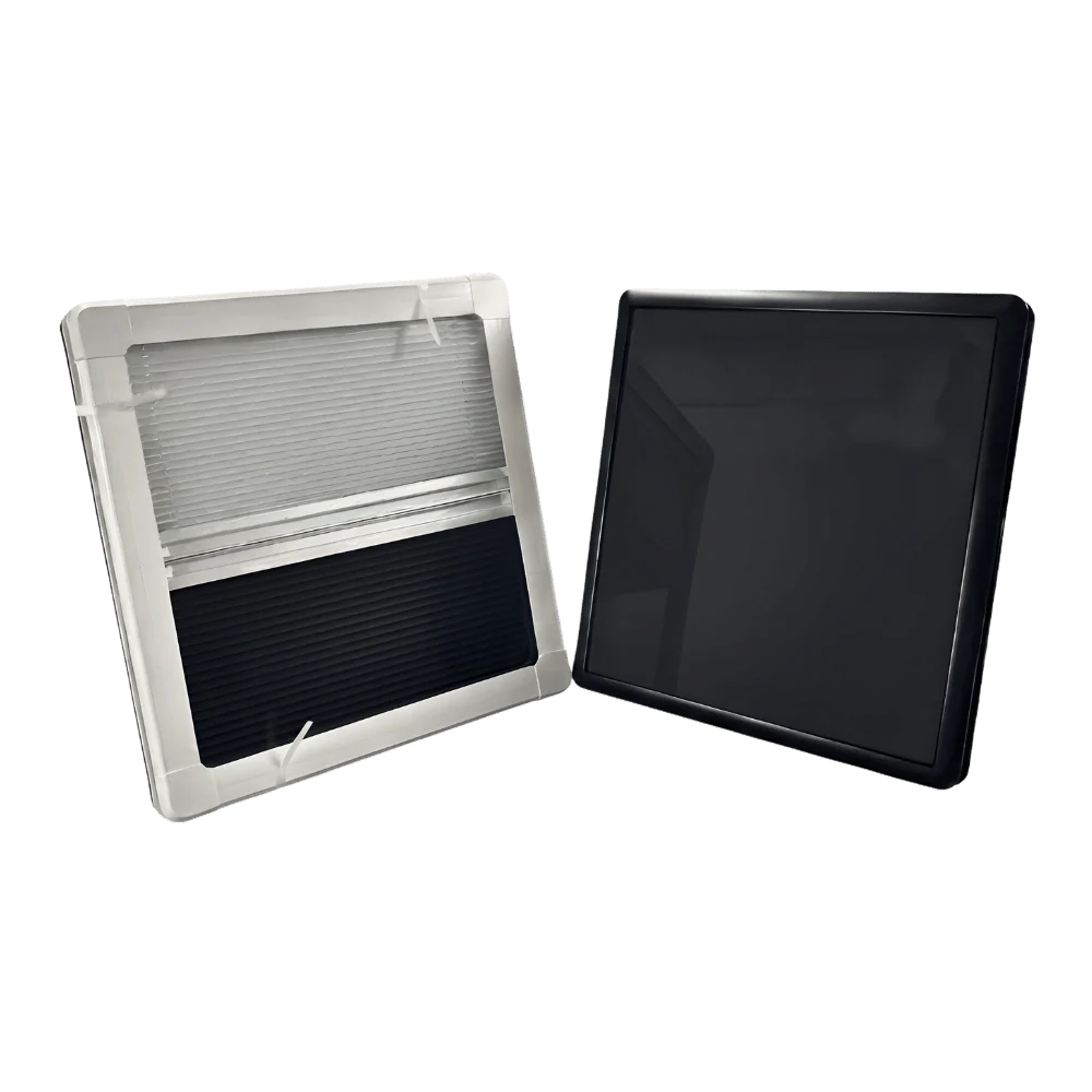 Van skylight window kit with black-out shade and tinted cover, RV van conversion accessory