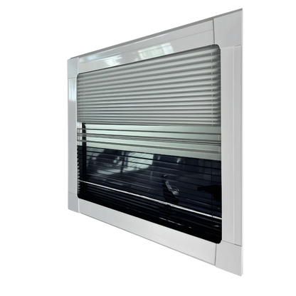 Van window with integrated privacy blinds and sleek white frame