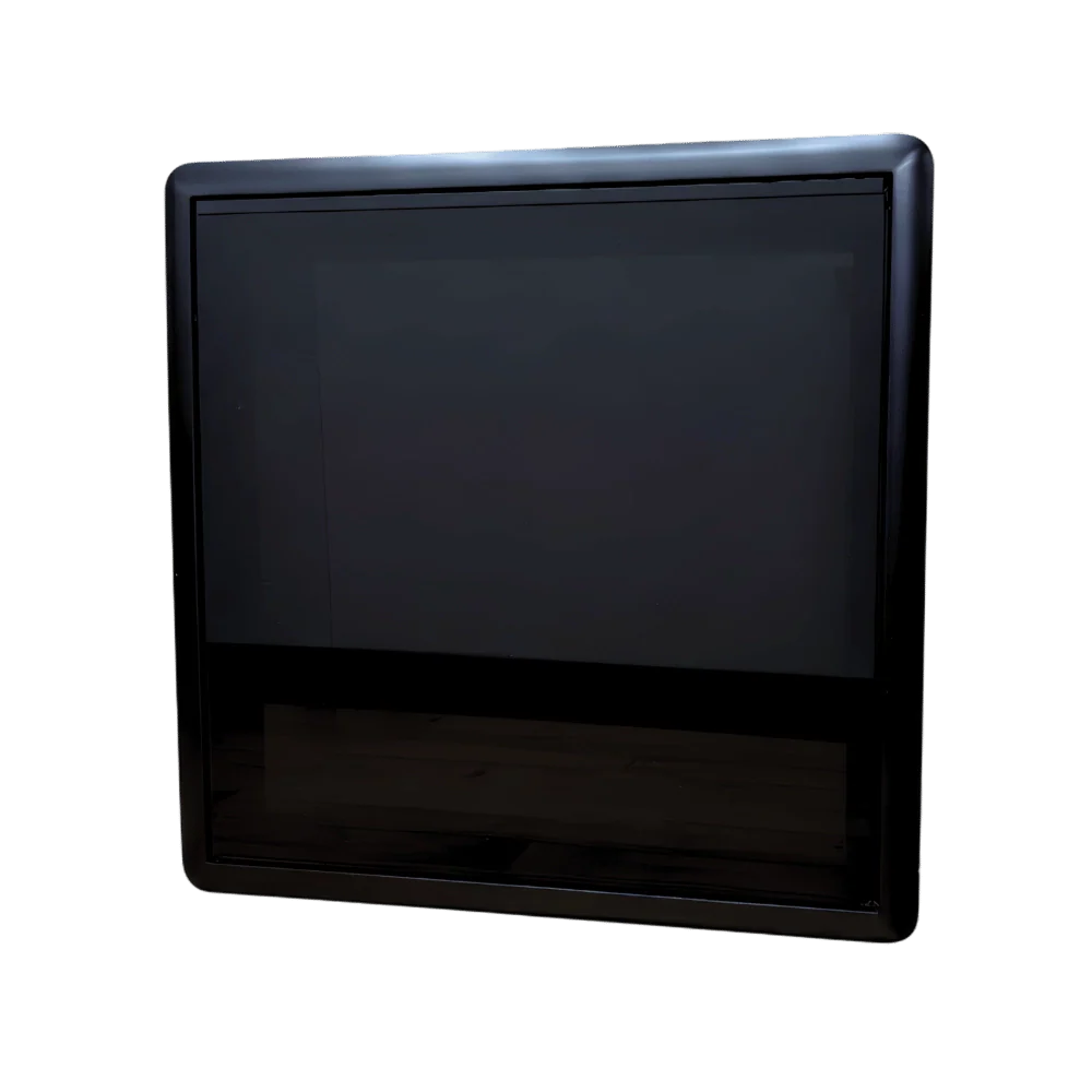 Dark tinted van window replacement panel with rounded edges