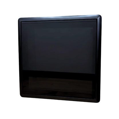 Dark tinted van window replacement panel with rounded edges