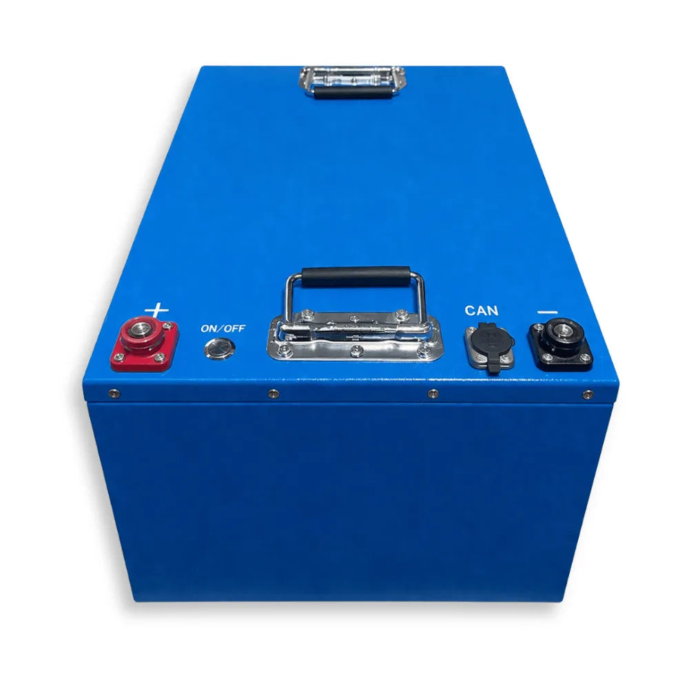 Side view of VanTrix 600Ah lithium iron phosphate battery showing 7.2kWh industrial-grade energy capacity
