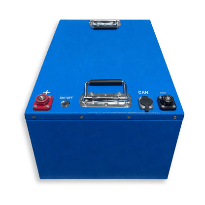 Side view of VanTrix 600Ah lithium iron phosphate battery showing 7.2kWh industrial-grade energy capacity