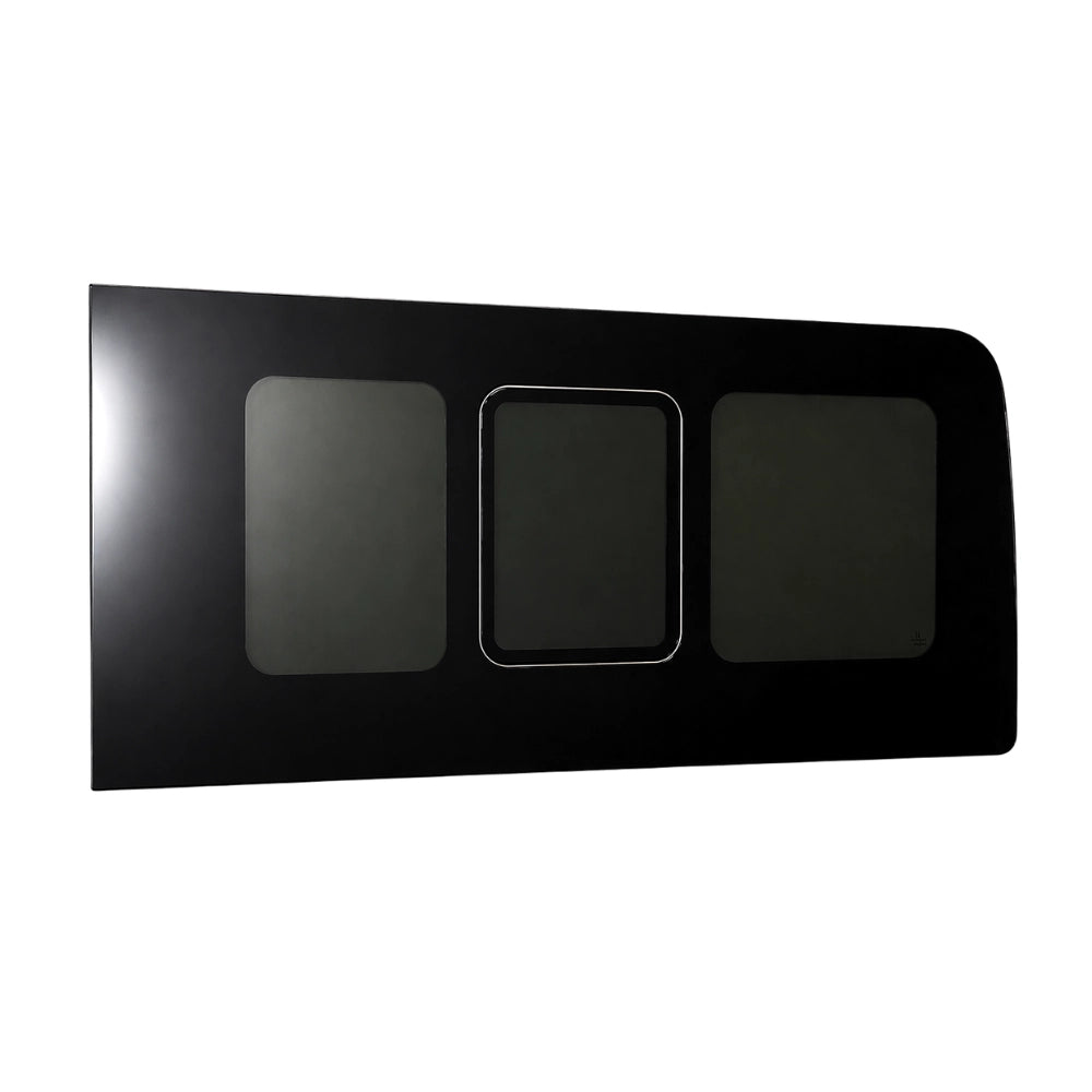 Glacier View Sprinter rear driver flush window in open position for rear bedding or galley ventilation