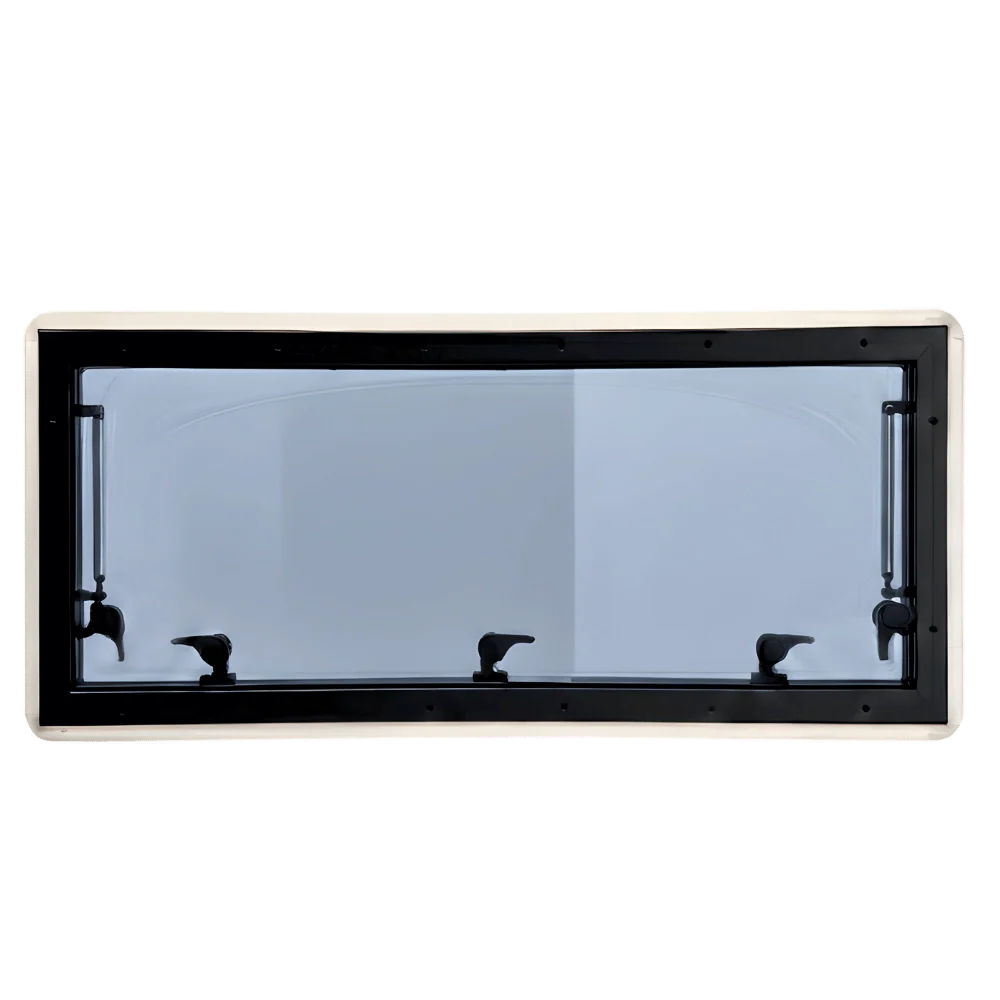 Rectangular van window with black frame and four latches, RV and camper conversion part