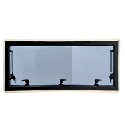 Rectangular van window with black frame and four latches, RV and camper conversion part