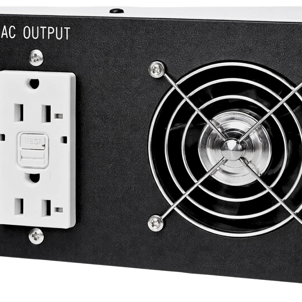 Side profile of Bear Power 2000W marine and industrial grade inverter charger showing heat sink and cooling vents