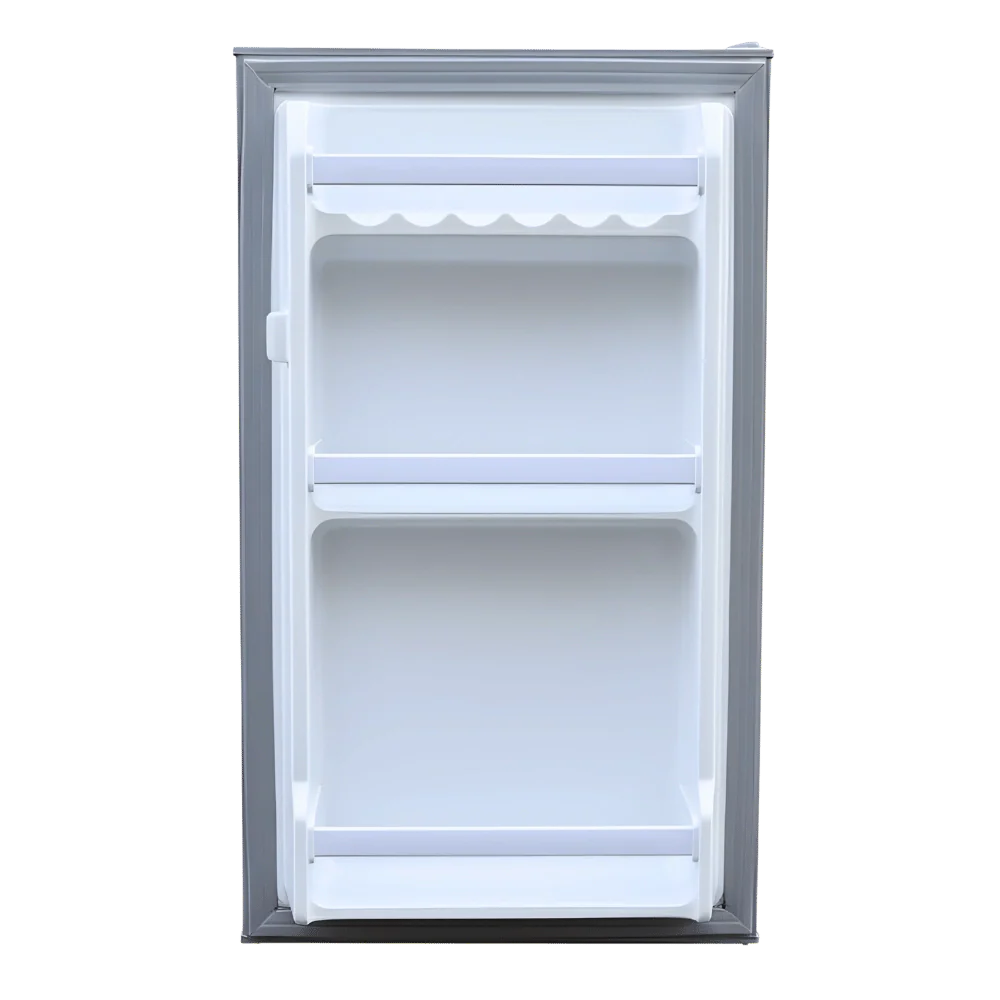 Open van refrigerator door with built-in shelves and bottle rack, white interior.