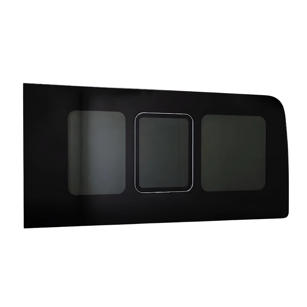 Detail of Glacier View rear flush sliding window vent and privacy tint for Sprinter conversions