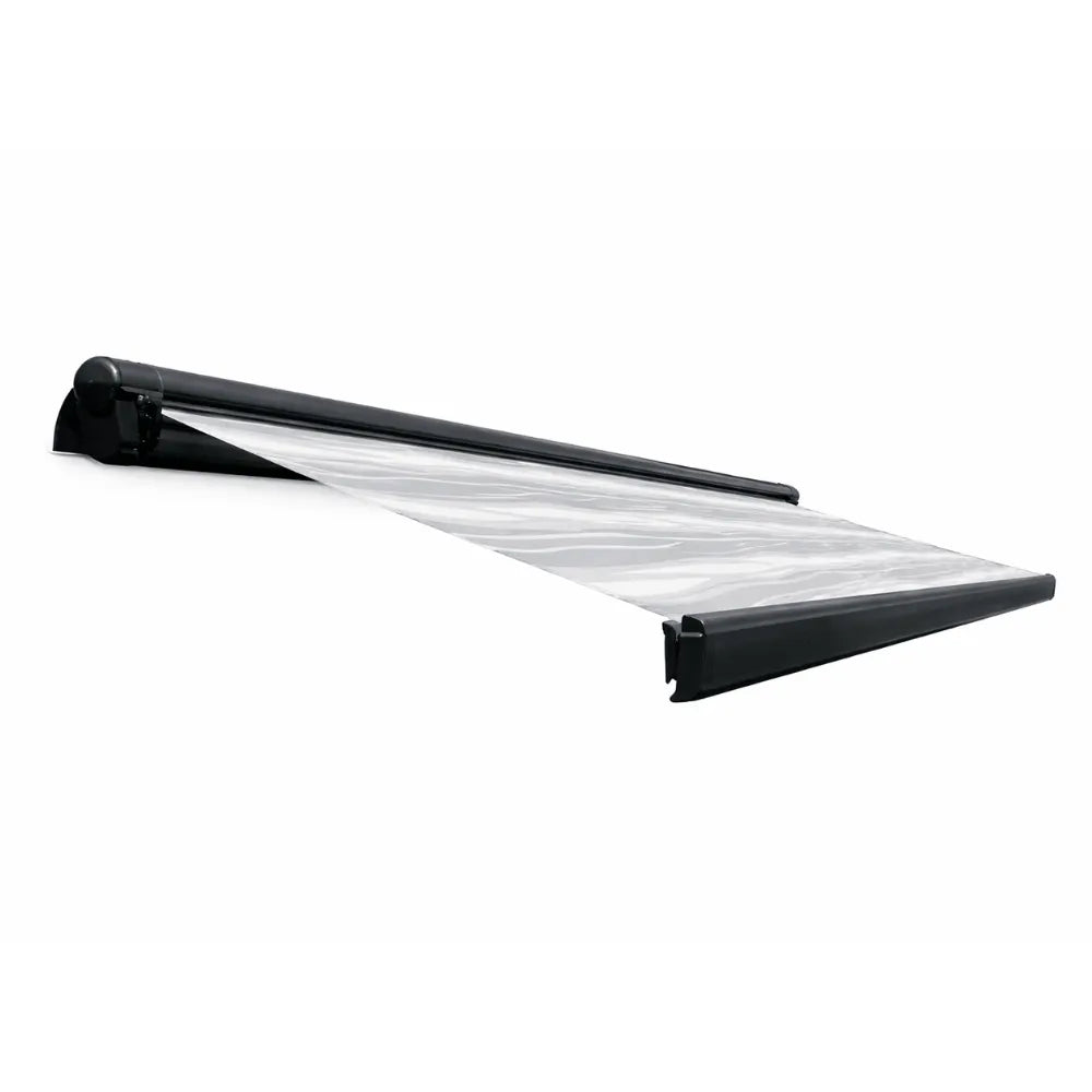 Side view of VanTrix electric awning showing cantilevered legless design for unobstructed outdoor living
