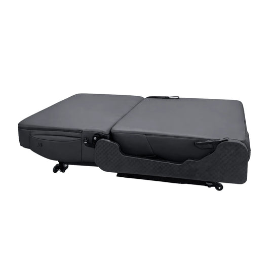 Side view of NovaLux Duo RS 90cm dual captain's chair showing seat-to-bed deployment for camper van