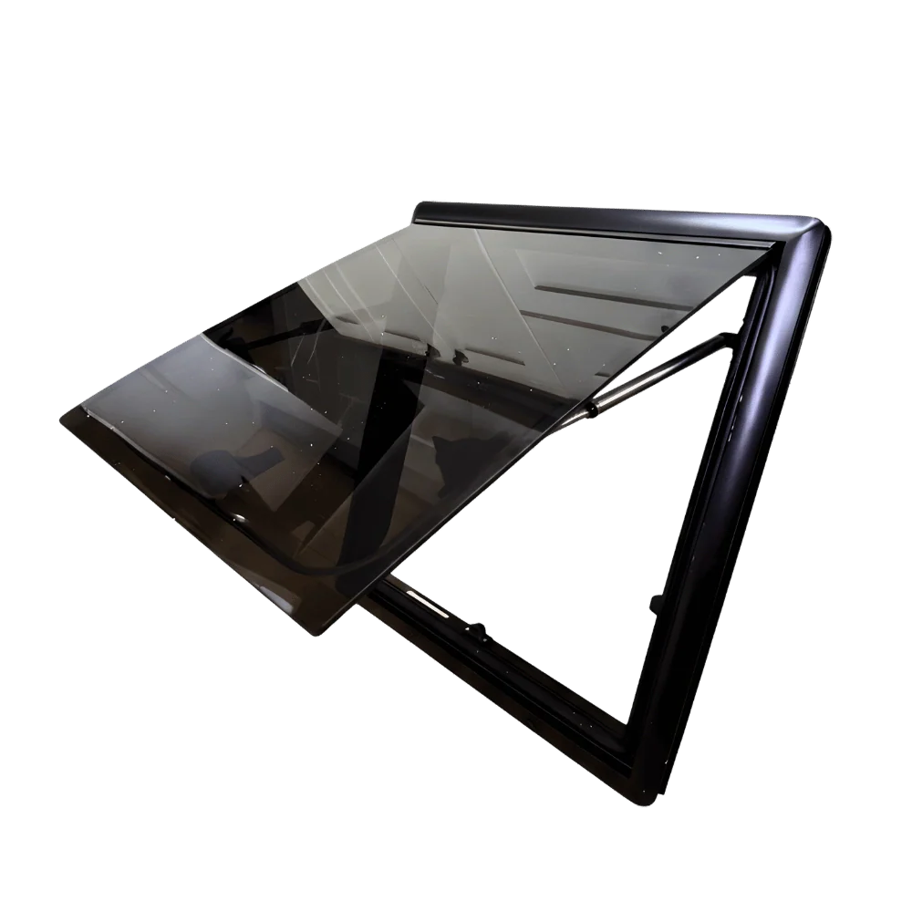 Tinted van window glass with black frame, open on metal hinge, vehicle replacement part