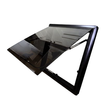 Tinted van window glass with black frame, open on metal hinge, vehicle replacement part