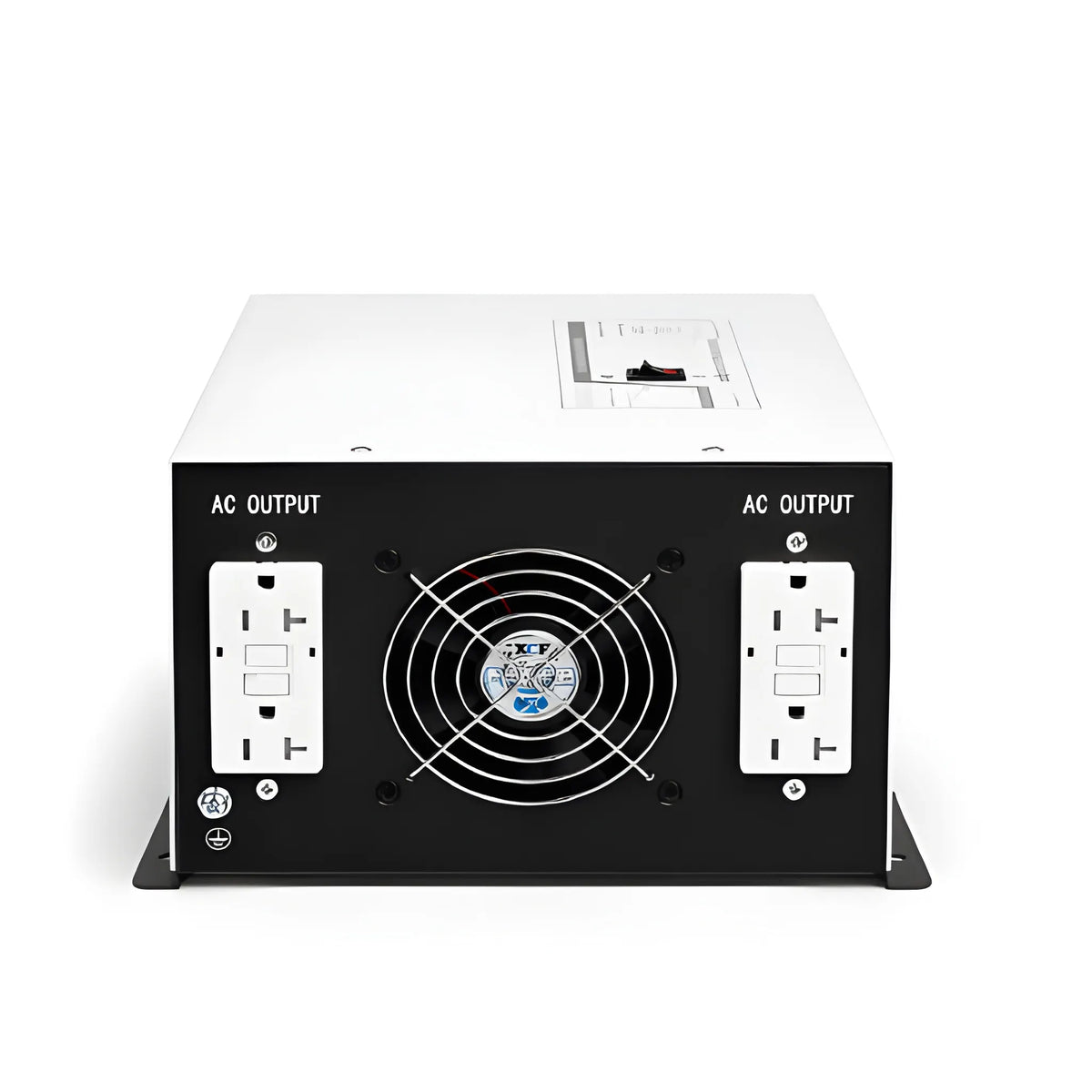 AC output panel of the 3000W inverter charger with two duplex outlets and a central cooling fan.