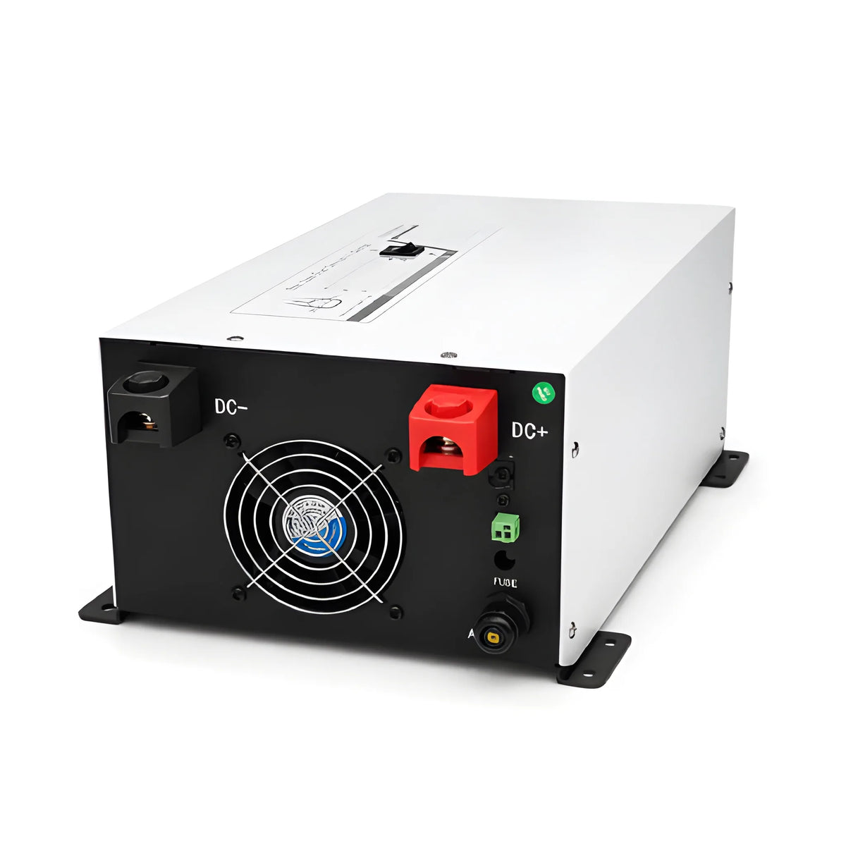 Battery connection panel of the 3000W inverter charger with red positive and black negative terminals and cooling fan.
