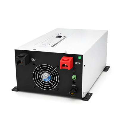 Battery connection panel of the 3000W inverter charger with red positive and black negative terminals and cooling fan.