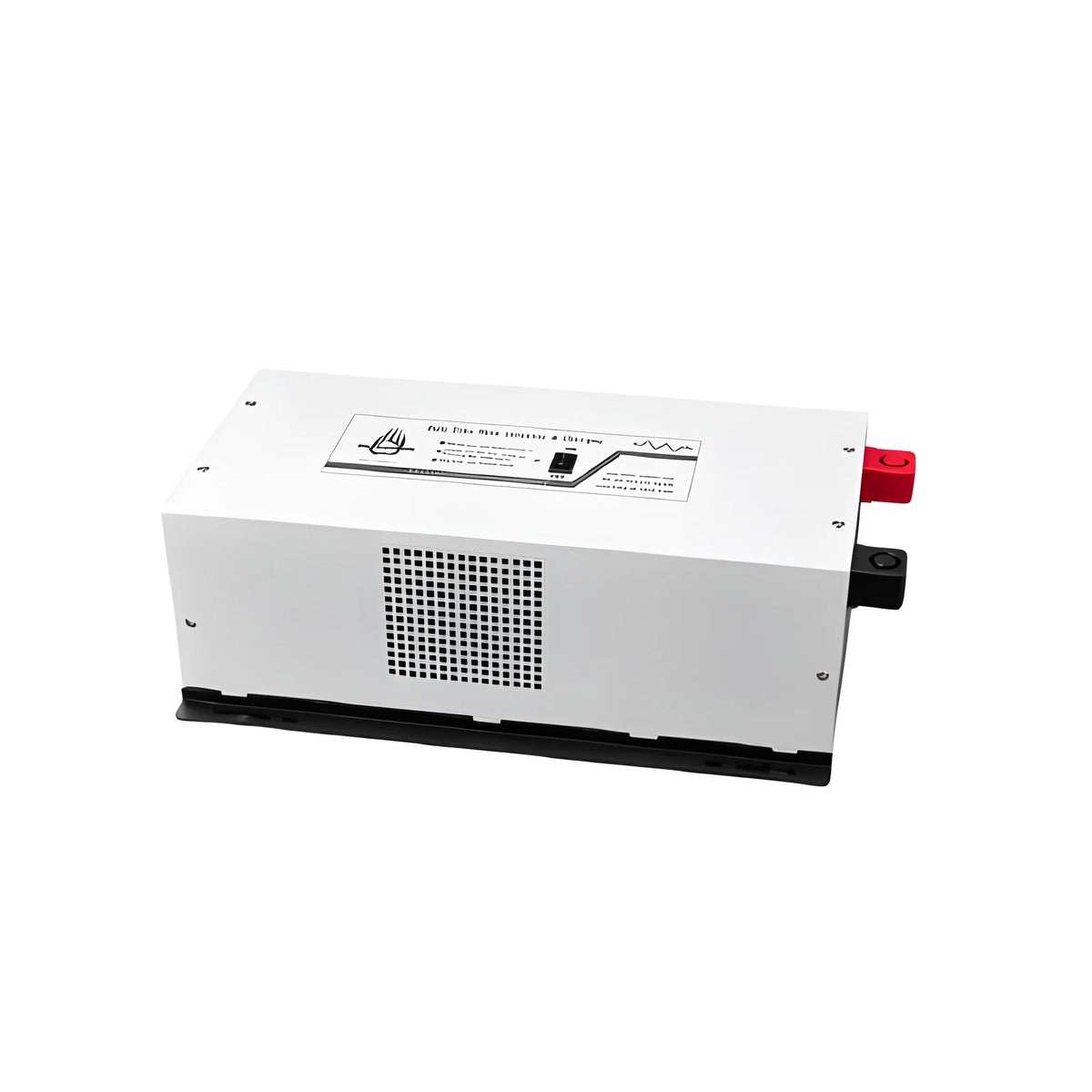 Angled side view of the 3000W pure sine wave inverter charger showing ventilation grille and mounting rail.