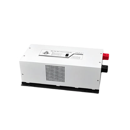 Angled side view of the 3000W pure sine wave inverter charger showing ventilation grille and mounting rail.