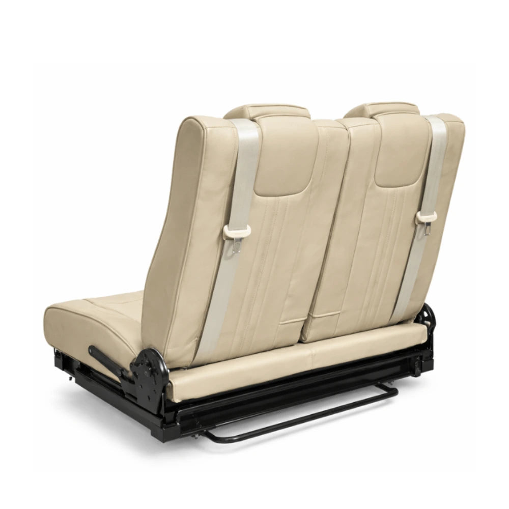 NovaLux Duo SX 80cm double seat in upright travel position with black leather finish for camper van