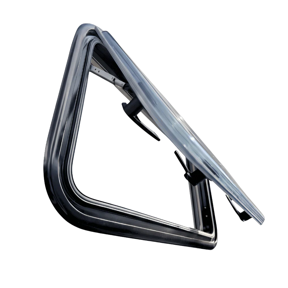 Van side window vent with black frame and clear glass, open in angled position