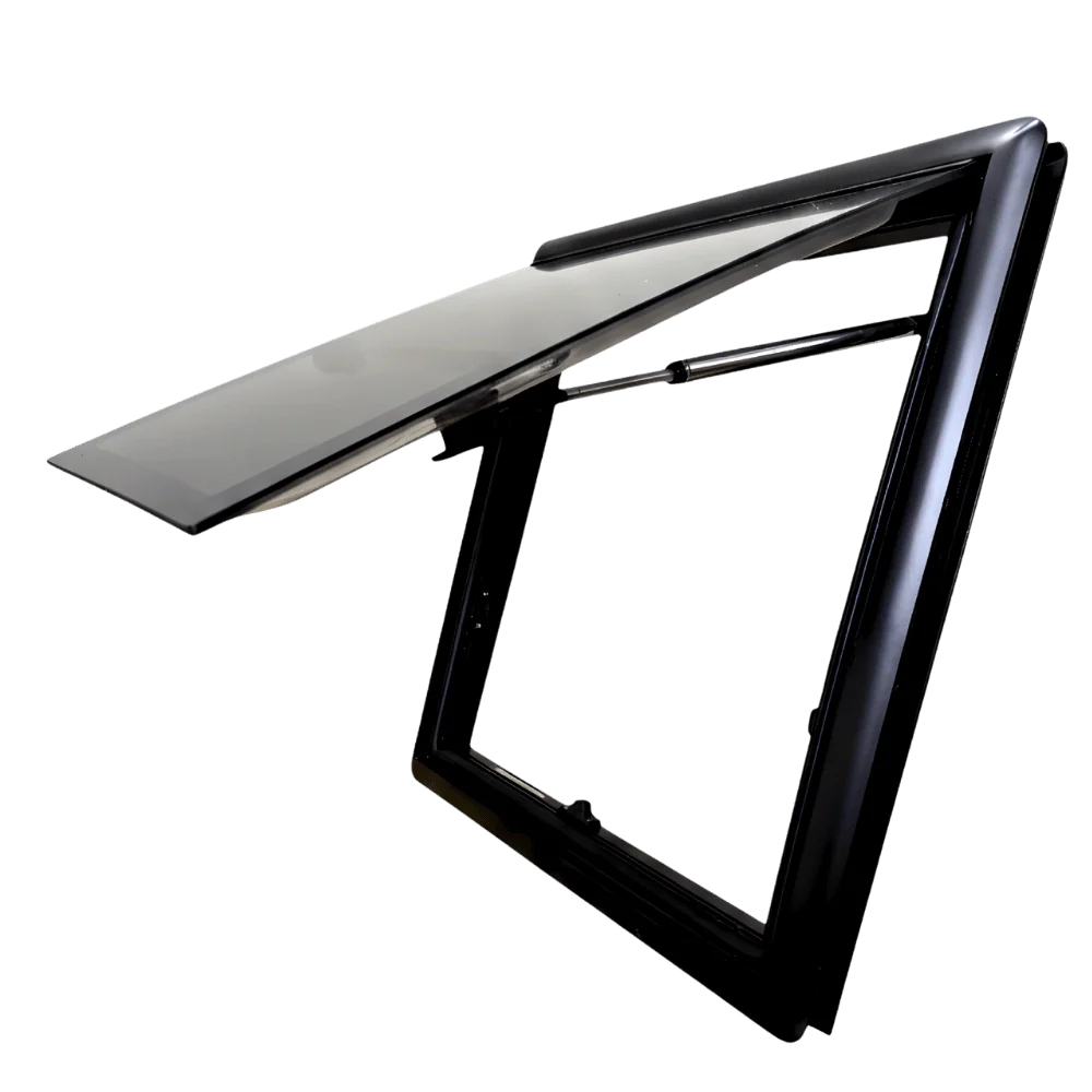 Van glass vent window with black frame, fully open, automotive replacement part