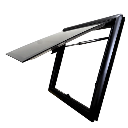 Van glass vent window with black frame, fully open, automotive replacement part