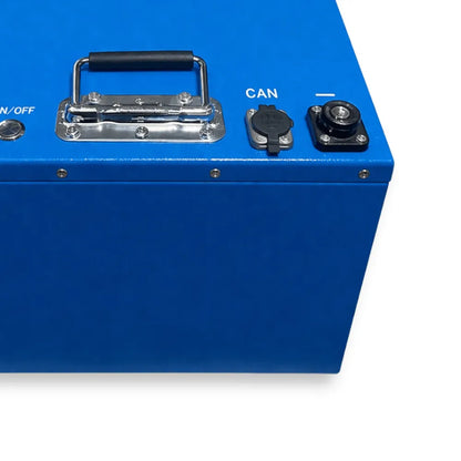 VanTrix 12V LiFePO4 battery terminal detail with high-current connections for camper van inverter setups