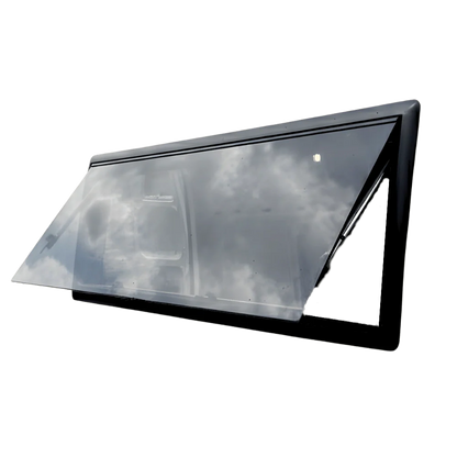 Tinted van window replacement glass with black frame, isolated on transparent background