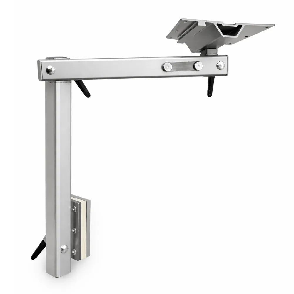 Side view of VanTrix swivel table mount showing heavy-duty steel pivot arm for camper van builds