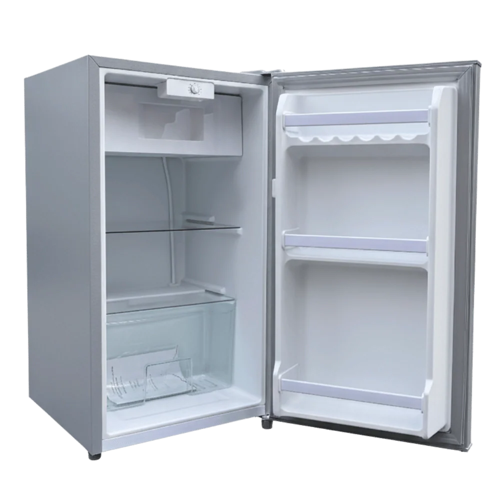Open compact van refrigerator with glass shelves, freezer compartment, and door storage.