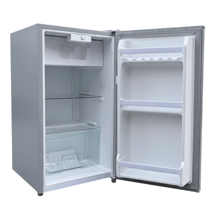 Open compact van refrigerator with glass shelves, freezer compartment, and door storage.