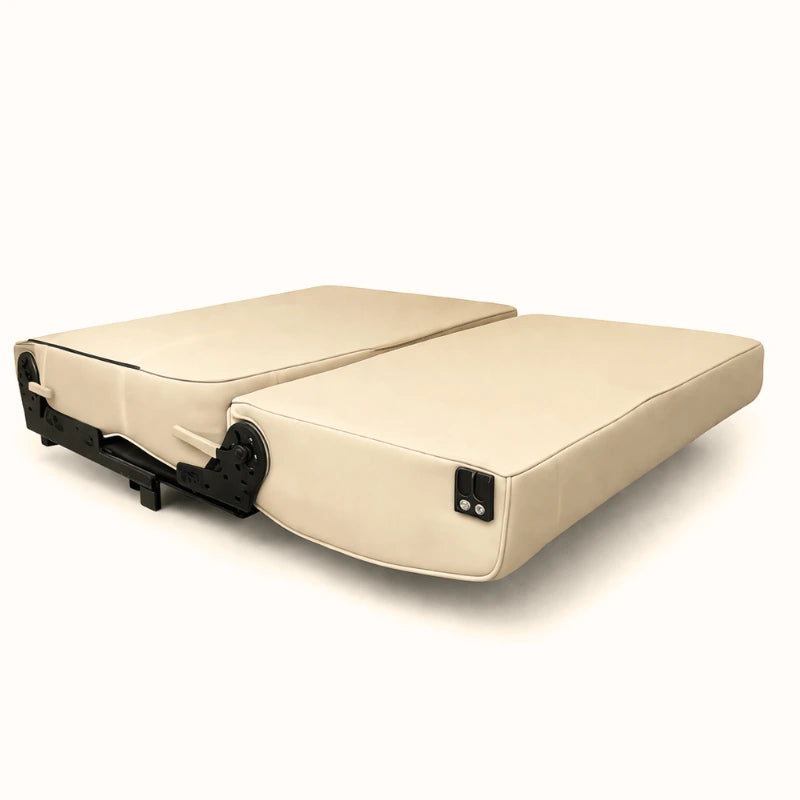 Side view of NovaLux SX 80cm dual seat showing seat-to-bed conversion mechanism for camper van conversions