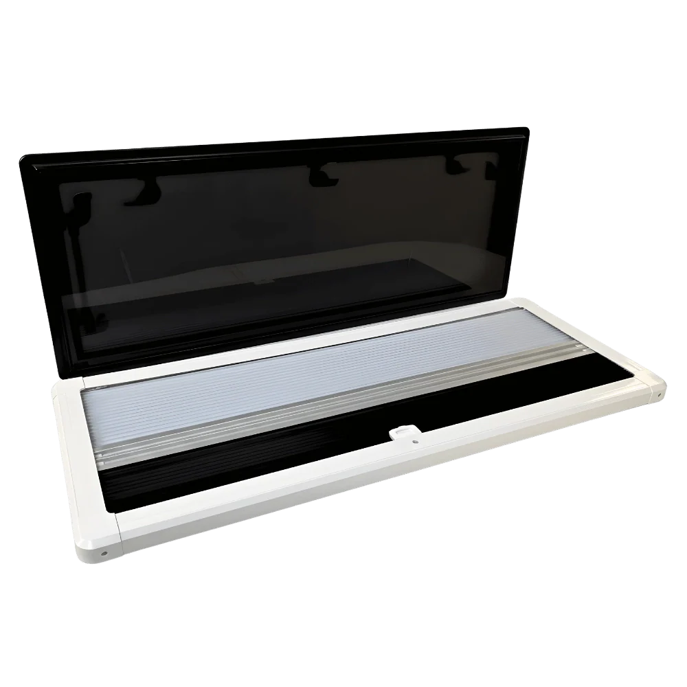 Black and white van skylight window with open tinted cover, RV roof vent replacement part