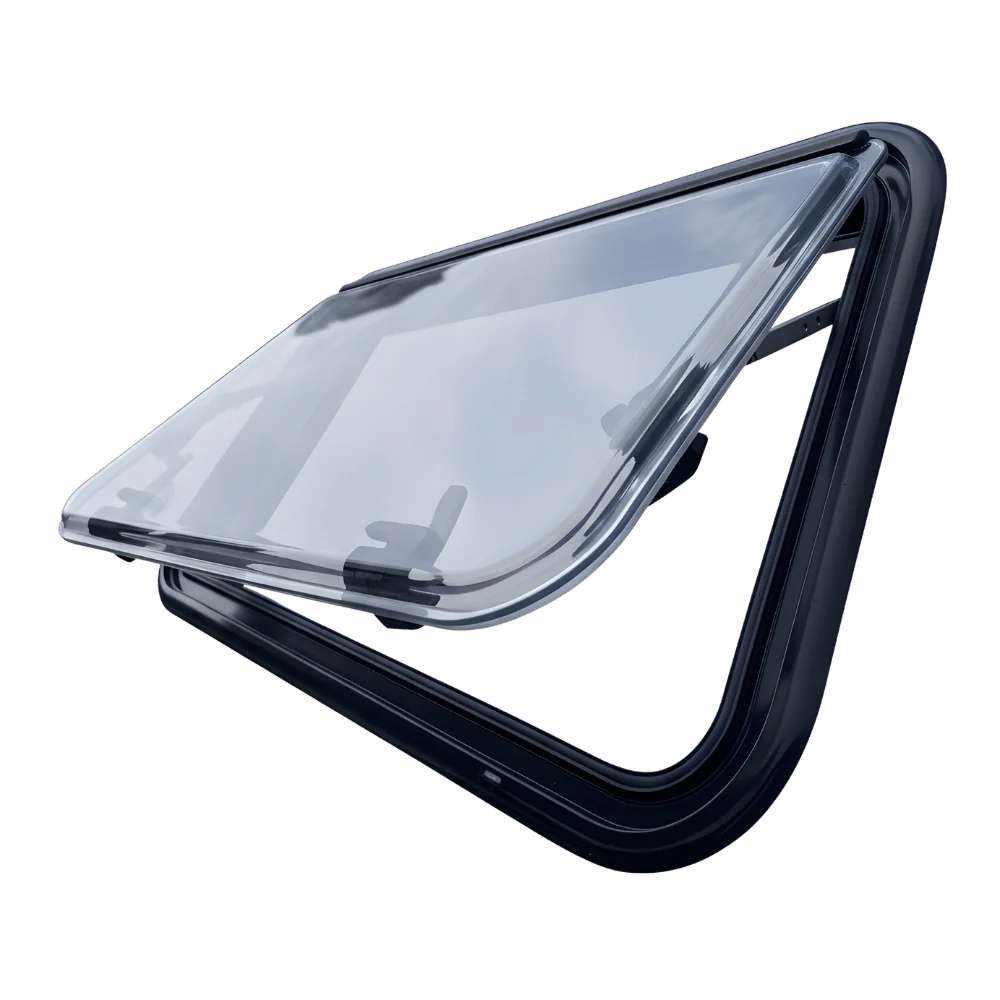 Clear vented van window with black frame, open for air flow, automotive accessory part