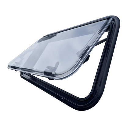 Clear vented van window with black frame, open for air flow, automotive accessory part
