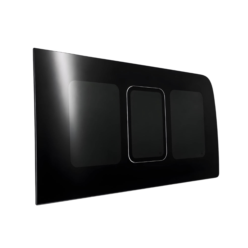Side view of Glacier View Sprinter rear driver flush window showing factory-style seamless exterior