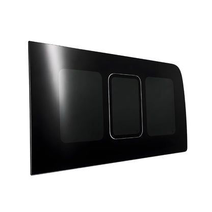 Side view of Glacier View Sprinter rear driver flush window showing factory-style seamless exterior