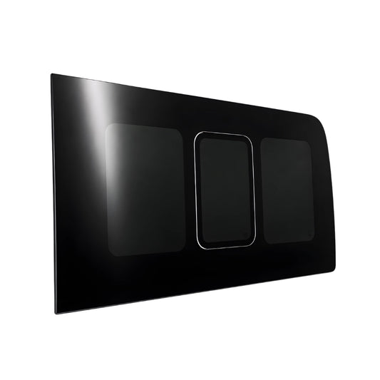 Side view of Glacier View Sprinter rear driver flush window showing factory-style seamless exterior