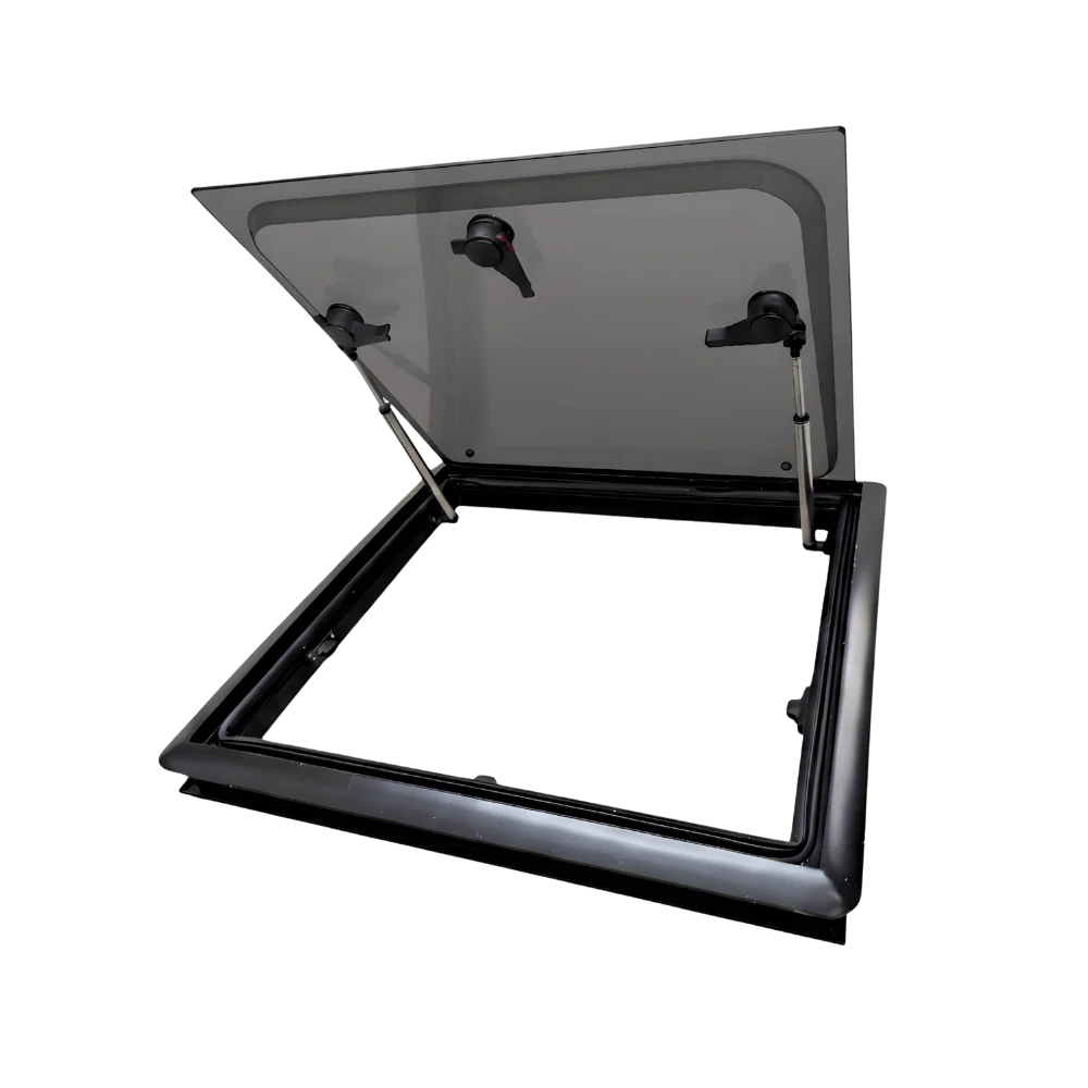 Van roof vent window with tinted glass and lift supports, open position, auto parts