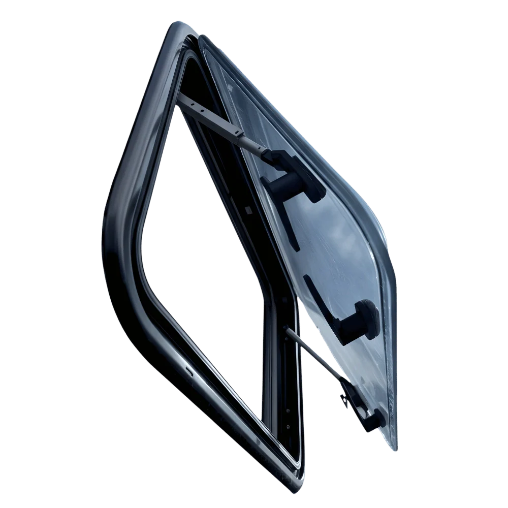 Van side window with black frame and hinge, open to show mounting hardware