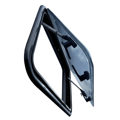 Van window glass with frame and hinge, open in outward position, auto replacement part