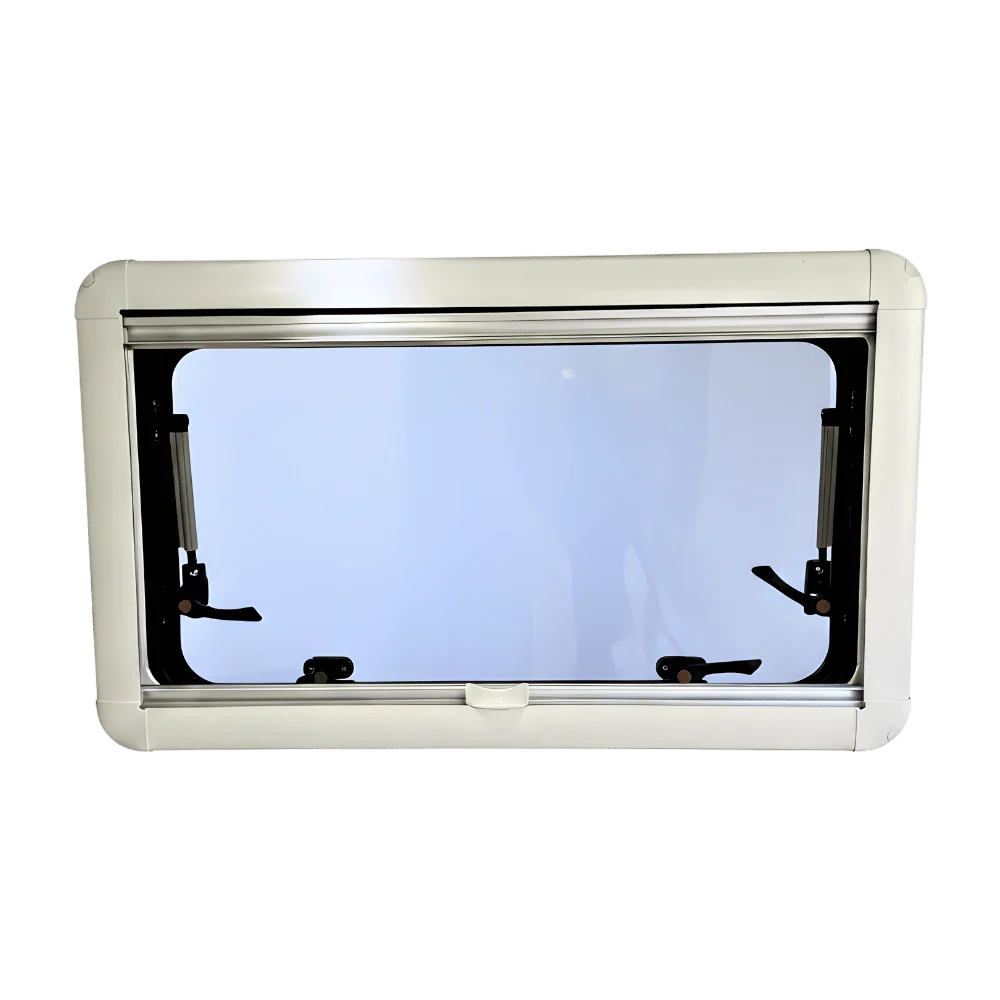 Rectangular van window with white frame and black latches for camper or RV conversion