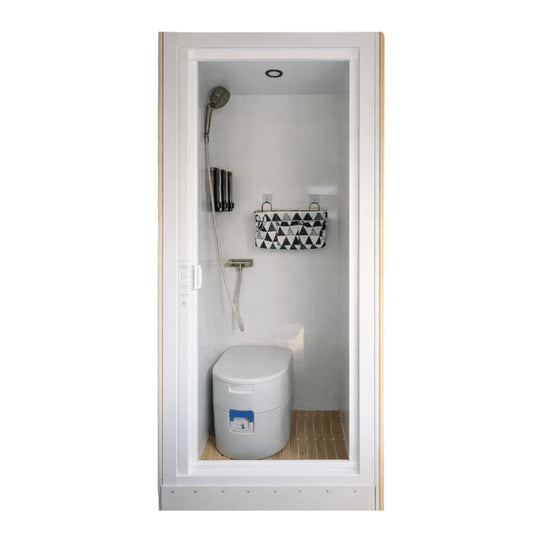 Side view of Vankea 32-inch aluminum shower enclosure showing powder-coated panel construction for Mercedes Sprinter van conversions