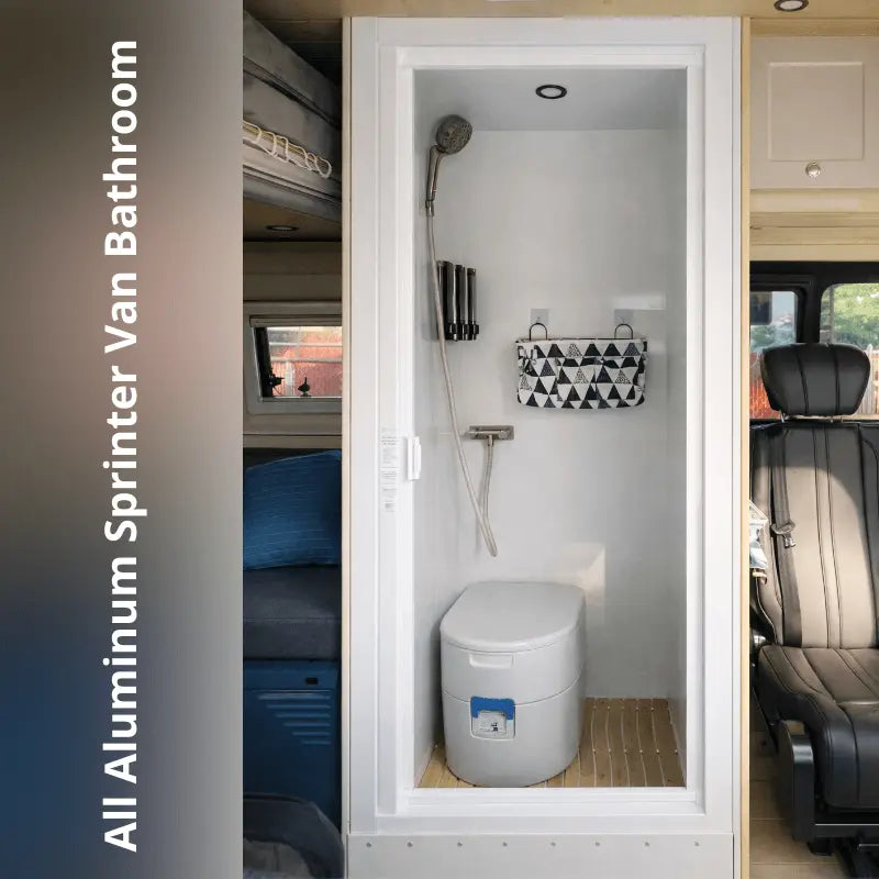 Vankea aluminum van shower in off-white finish for Ford Transit and Ram ProMaster high-roof conversions