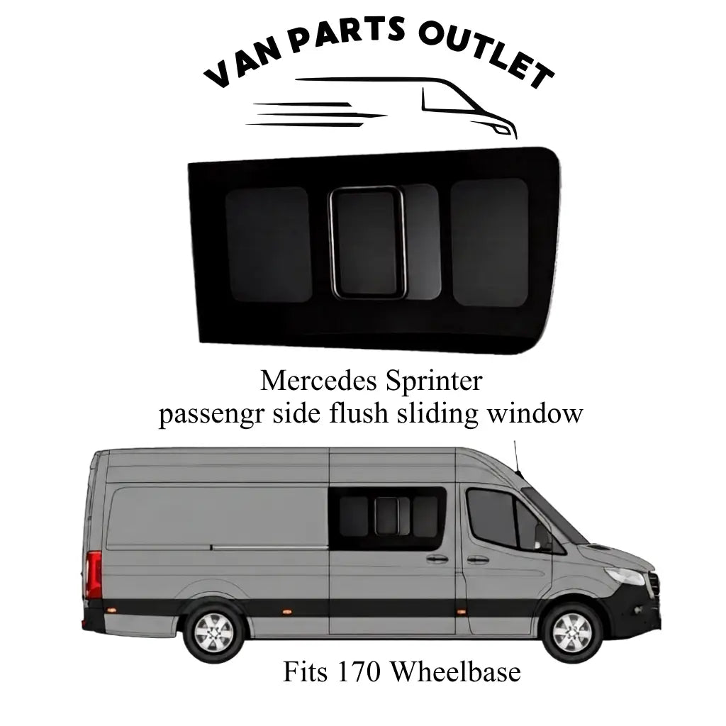 Glacier View Sprinter passenger-side front flush sliding window with a placement illustration labeled for the 170-inch wheelbase.