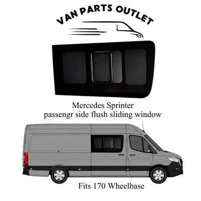 Glacier View Sprinter passenger-side front flush sliding window with a placement illustration labeled for the 170-inch wheelbase.