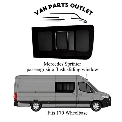 Glacier View Sprinter passenger-side front flush sliding window with a placement illustration labeled for the 170-inch wheelbase.