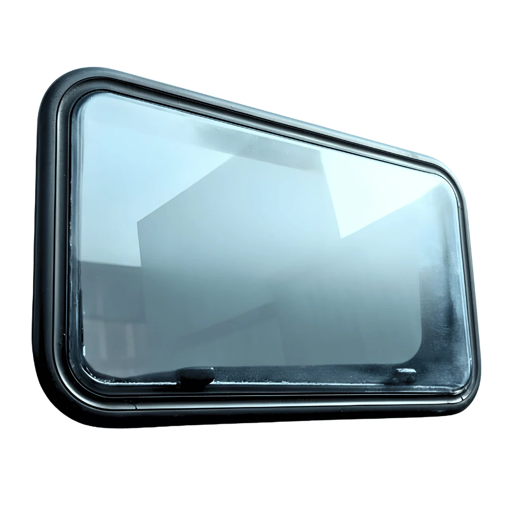 Rectangular tinted van window replacement with black trim, isolated on white background