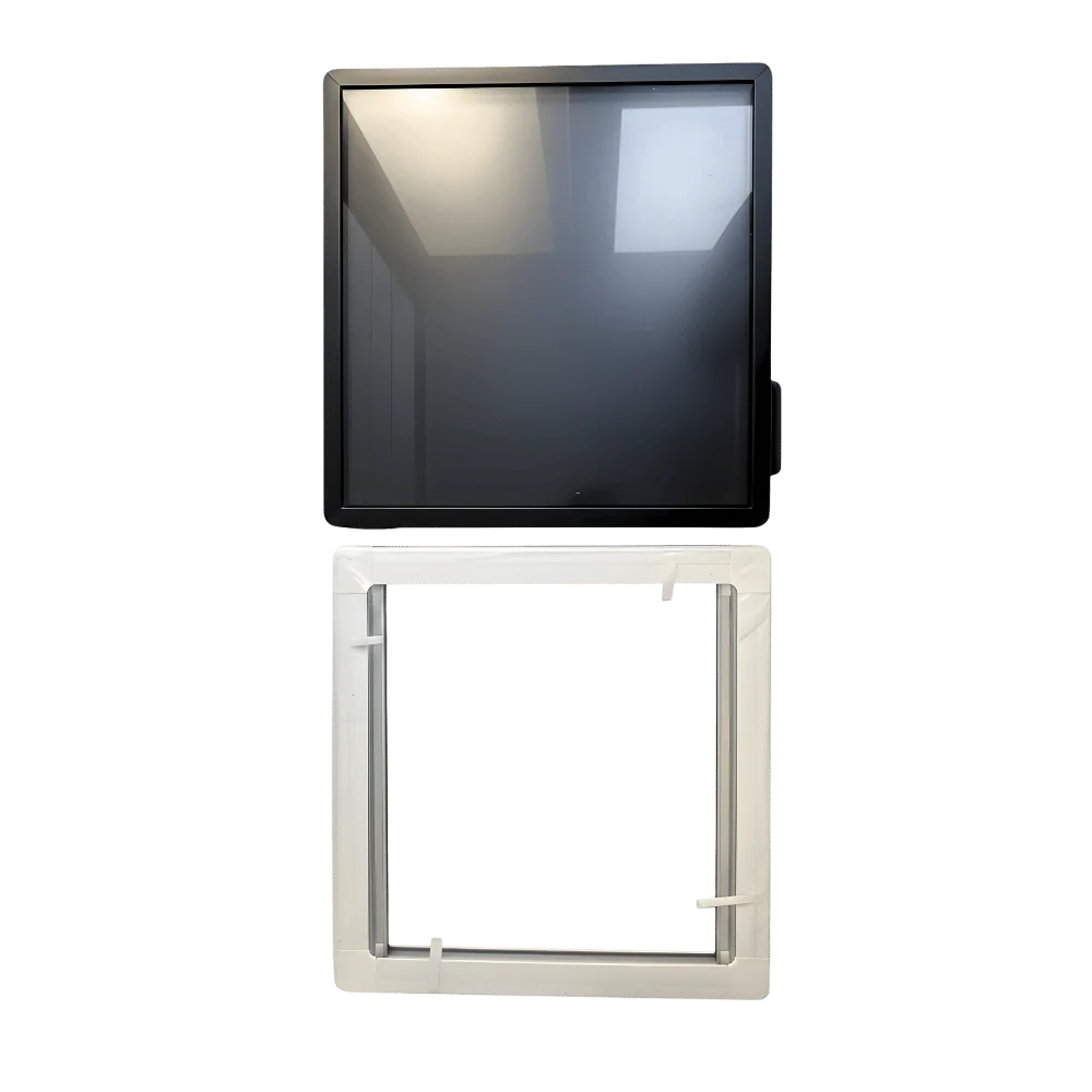 Replacement van window with tinted glass and white mounting frame for vehicle side panel